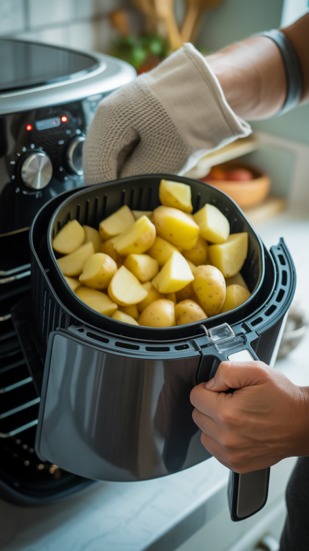 Hands in oven mitts shaking air fryer basket with potatoes in motion