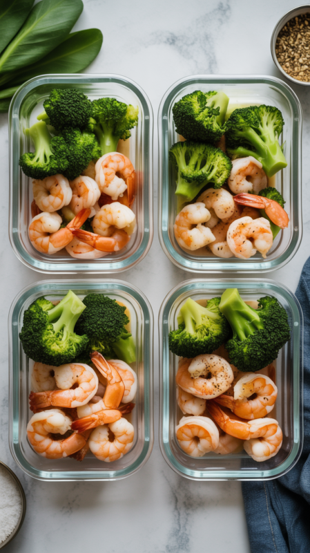 Multiple meal prep containers with air fryer shrimp and broccoli portions