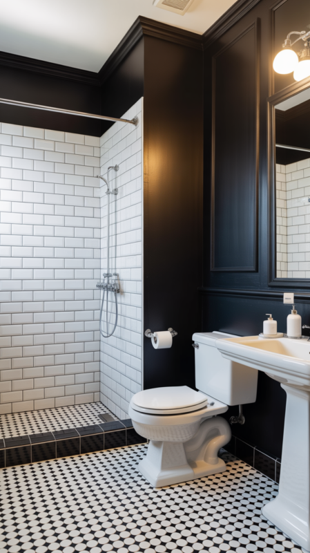Simple black bathroom with white fixtures and classic black-white contrast