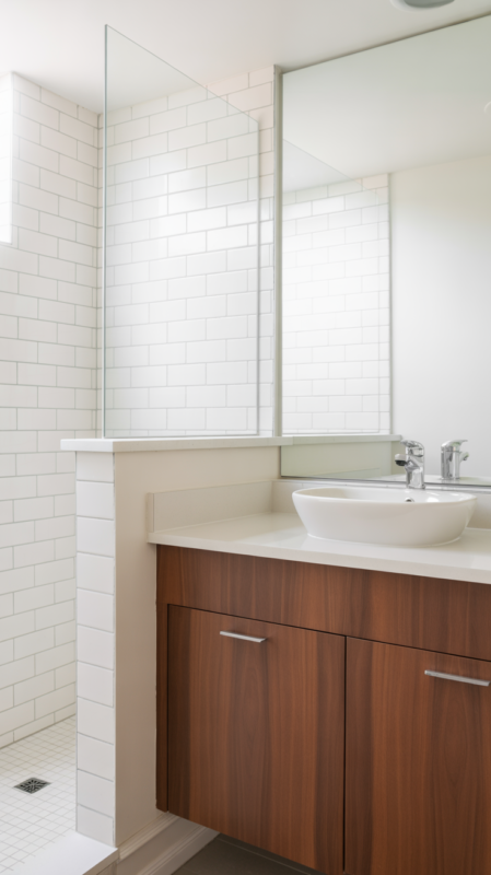 Simple brown bathroom with walnut vanity and minimal white design
