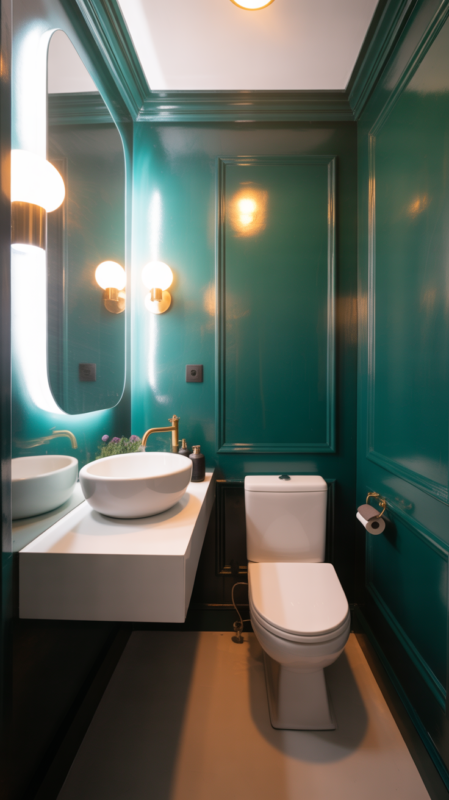 Small dark green bathroom with white fixtures and excellent lighting maximizing space
