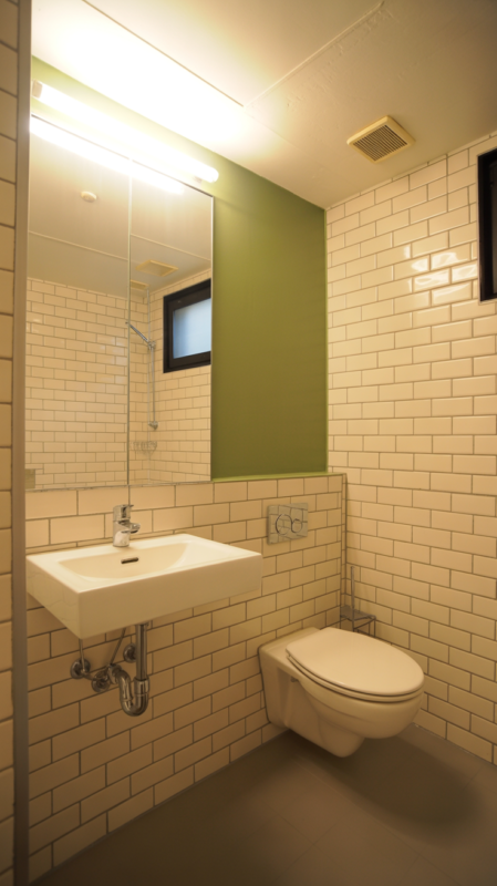 Small sage green bathroom with accent wall maximizing space with light colors and mirrors