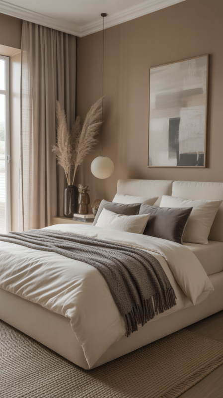 Sophisticated bedroom with warm taupe walls and layered textures