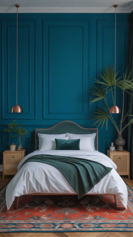 Unique bedroom with deep teal walls and copper accents