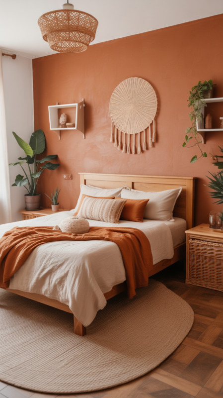 Warm terracotta bedroom walls creating cozy desert-inspired atmosphere