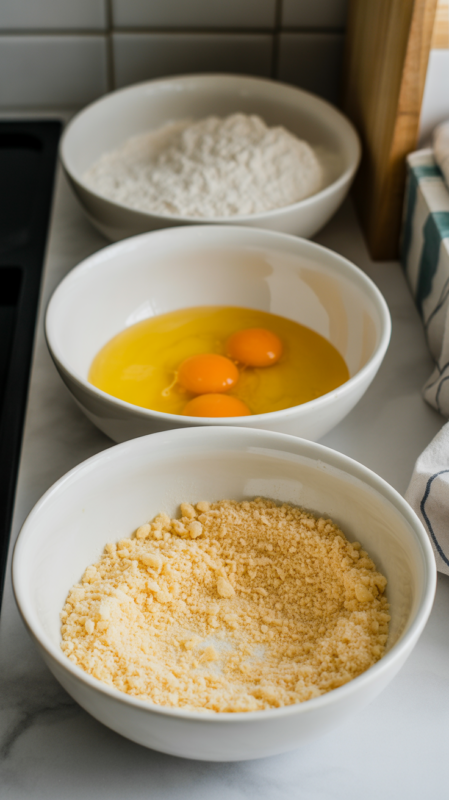 Three white bowls containing flour, egg wash, and breadcrumb mixture for breading zucchini fries