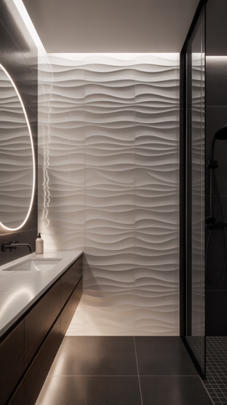 Bathroom feature wall with 3D wavy tile creating dramatic texture and shadow