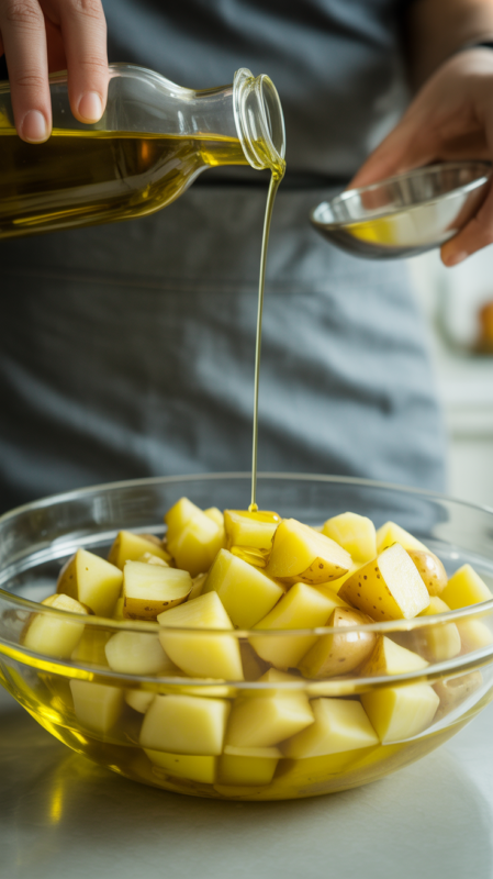 Potato cubes in bowl being tossed with olive oil showing proper coating technique