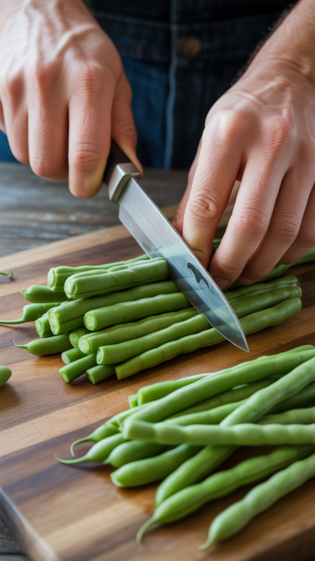 Hands trimming ends off fresh green beans on wooden cutting board showing proper technique