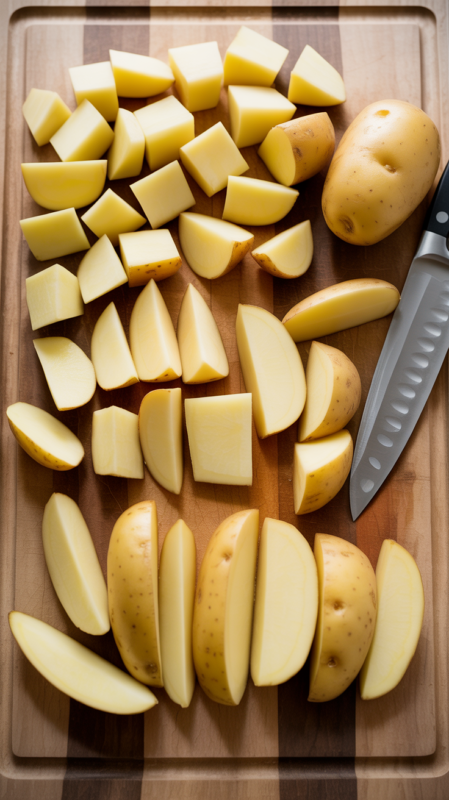 Potatoes cut into uniform cubes, wedges, and fries on wooden cutting board