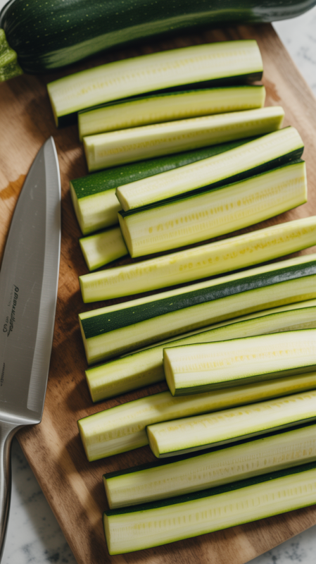 Perfectly uniform raw zucchini sticks cut to consistent size on cutting board