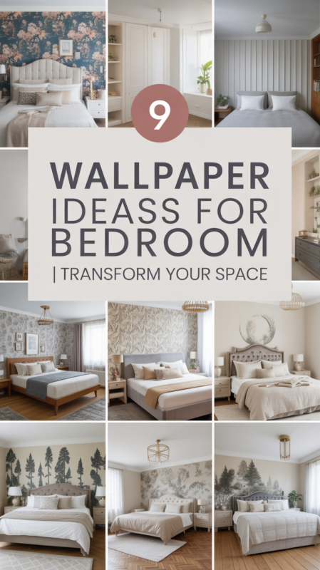 Pinterest pin showcasing variety of wallpaper ideas for bedroom including multiple styles and patterns