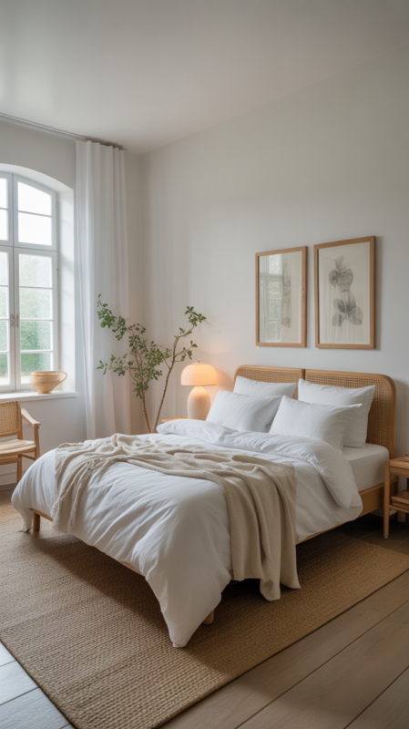 Clean minimalist bedroom with crisp white walls and simple styling
