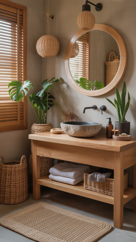 Bathroom combining wood vanity, stone countertop, and plants for organic warmth