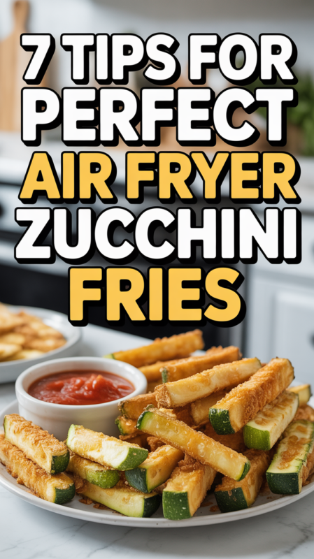 Pinterest pin showing crispy zucchini fries with text overlay 7 tips for perfect air fryer zucchini fries
